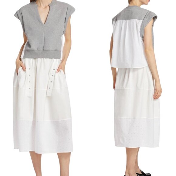 3.1 Phillip Lim Rolled Sleeve Mix Media Eyelet Tiered Cotton Midi Dress Size L - Picture 16 of 16